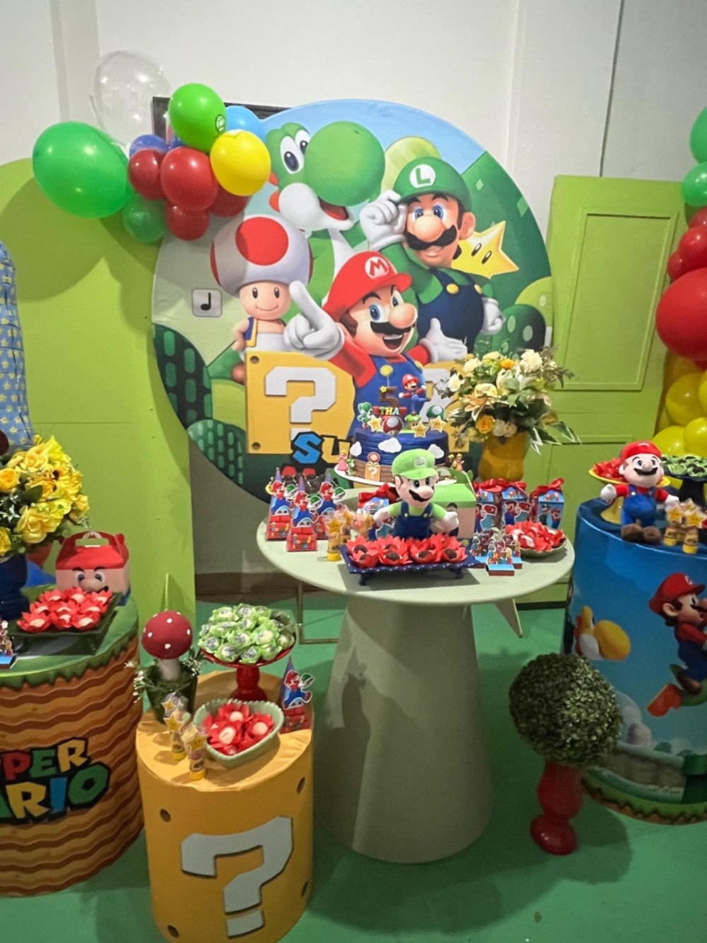 Nintendo Super Mario Party Backdrop with Green, Red, Yellow, Blue Accents